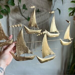 Vintage Gold Metal Sailboat Wall Art – 20” Mid Century Modern Coastal Sculpture